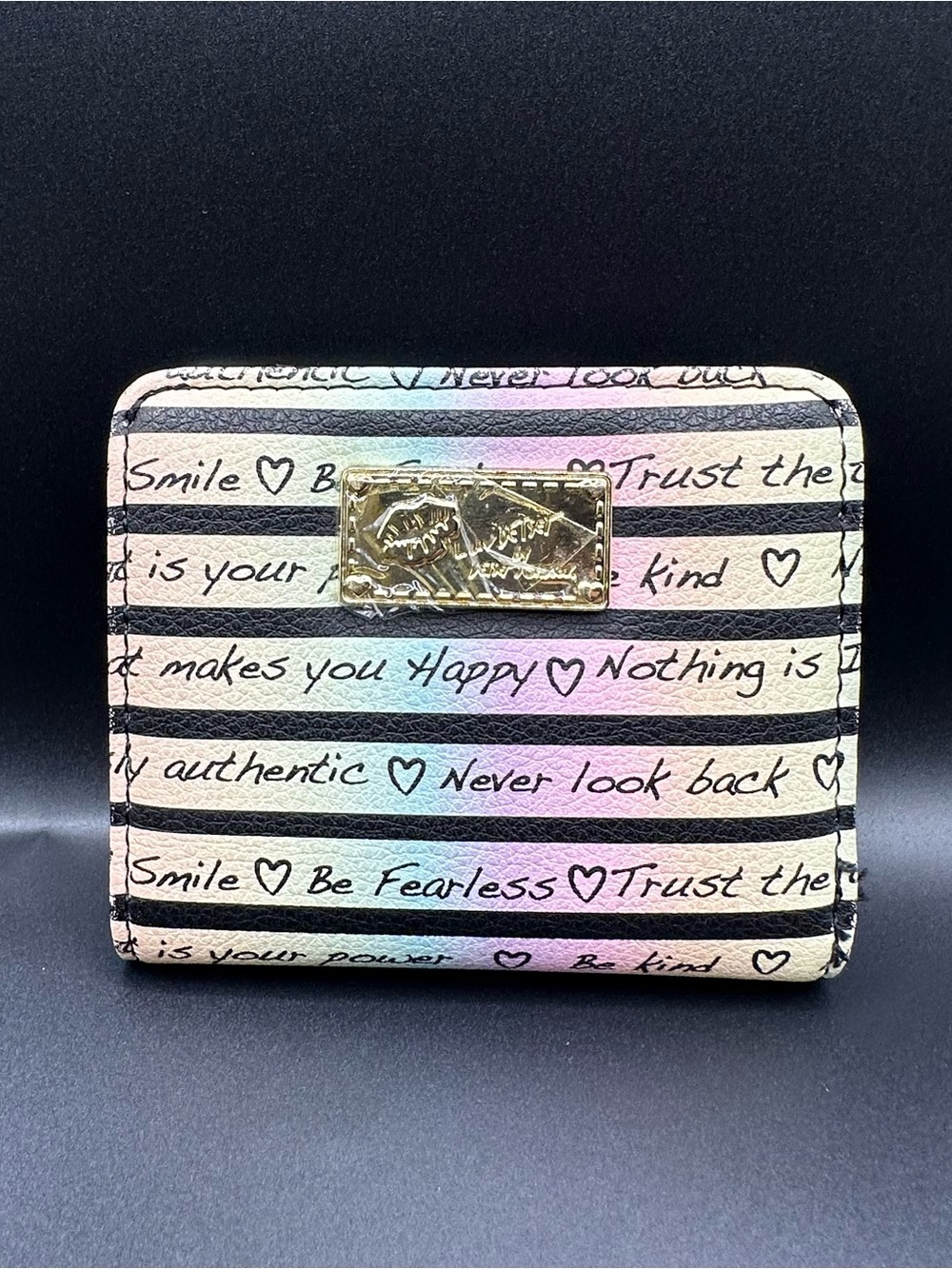 Betsey Johnson Cream & Black Script Stripe Rainbow Compact Wallet